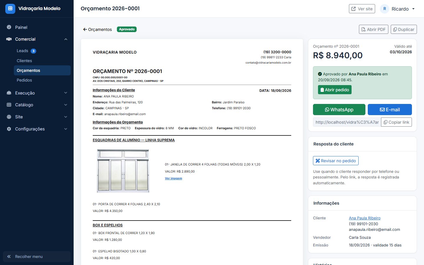 Tela de orçamento com PDF, desenho técnico e botões de envio por WhatsApp e e-mail