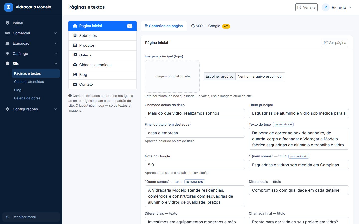 Tela Páginas e textos do sistema