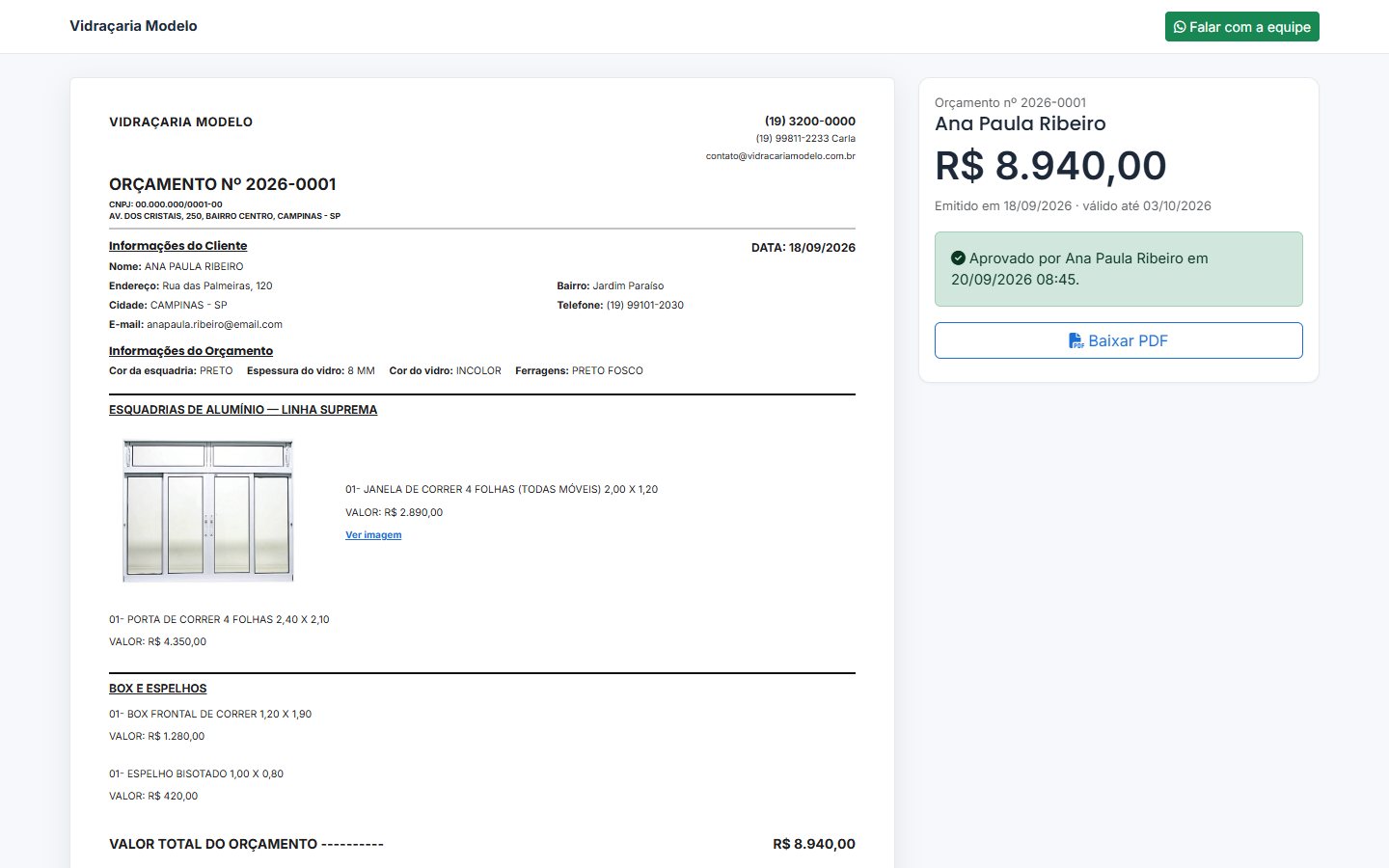Página da proposta vista pelo cliente, com valor, validade e botão de download do PDF