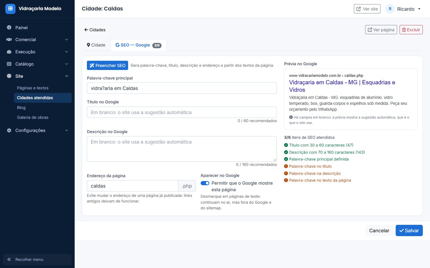 Tela de SEO da cidade com prévia do Google e checklist