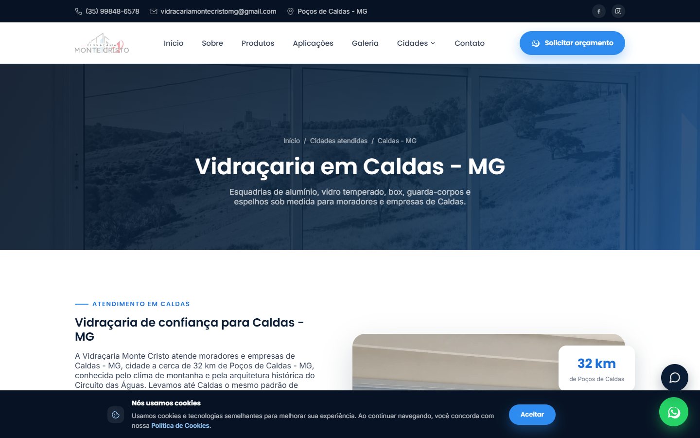 Página de cidade de um site de vidraçaria